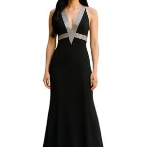 Jovani Black V-Neck Beaded Gown Formal Dress Black White 8